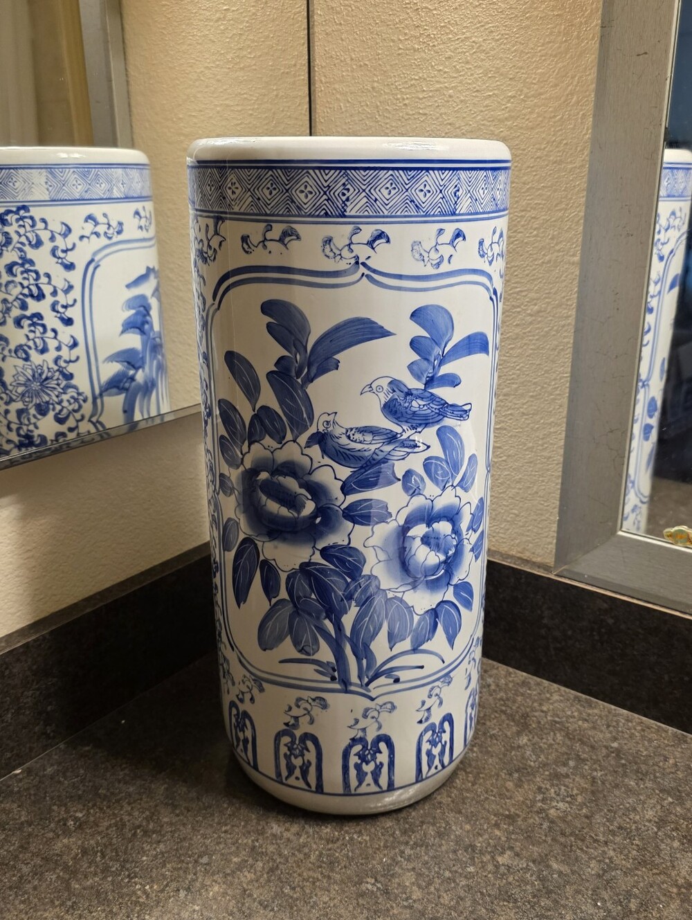 Vintage Chinese Blue White Porcelain Floral Birds  Vase Holder 18" Chinoiserie